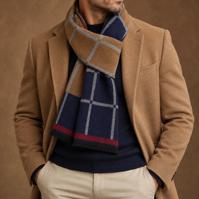 Alessio Checked Fringe Scarf in Camel & Navy