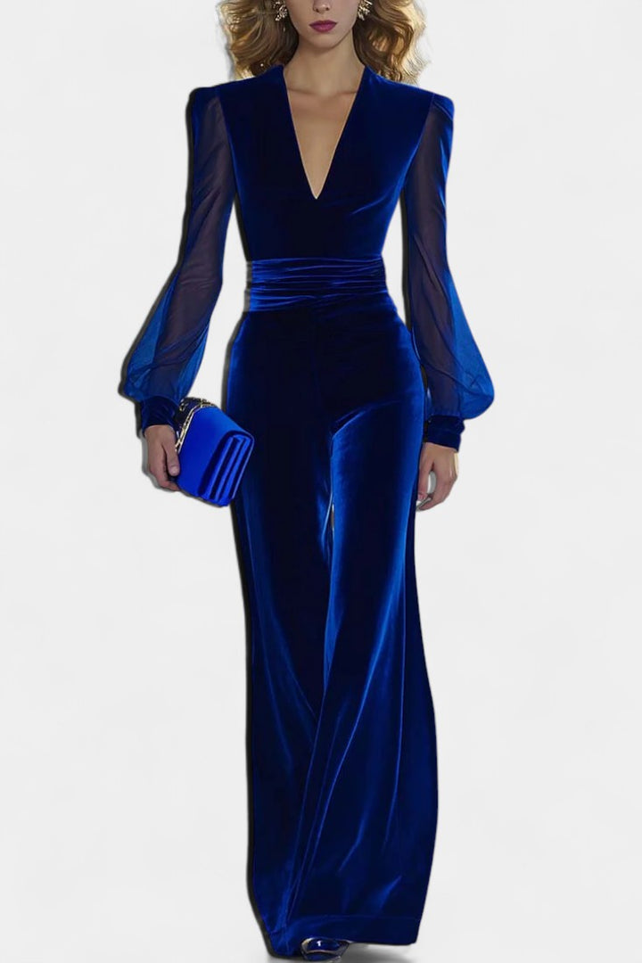 Clarène V Neck Velvet Jumpsuit with Long Sleeves – women&