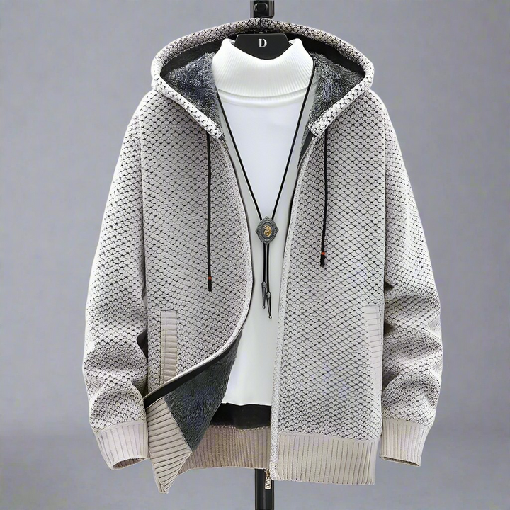 Cortina Fleece-Lined Knit Hoodie in Stone Beige