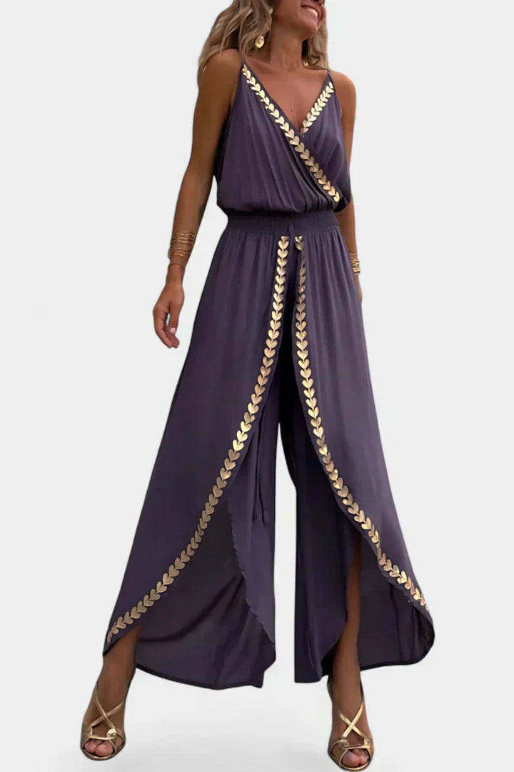 Donatila Backless Jumpsuit Featuring Elegant Gold Accents – women&