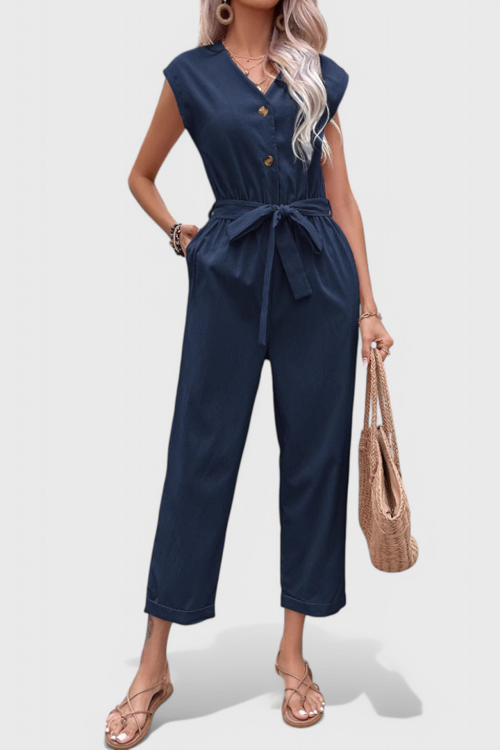Marie Sleeveless Cotton Jumpsuit with Tied Waist and Button Front – women&