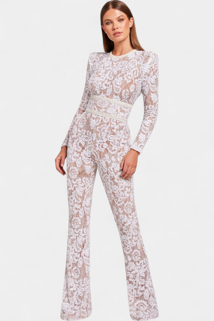 Jimena Corset Belted Sequined Lace Jumpsuit – women&