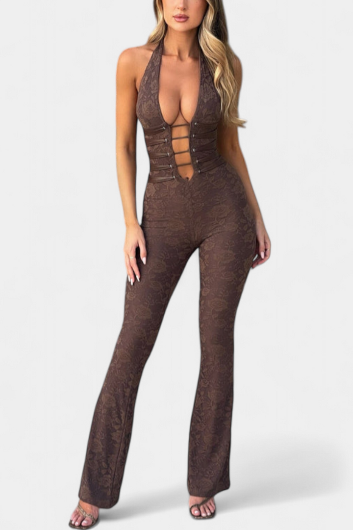 Kendra Floral Lace Halter Jumpsuit Featuring an Open Back – women&
