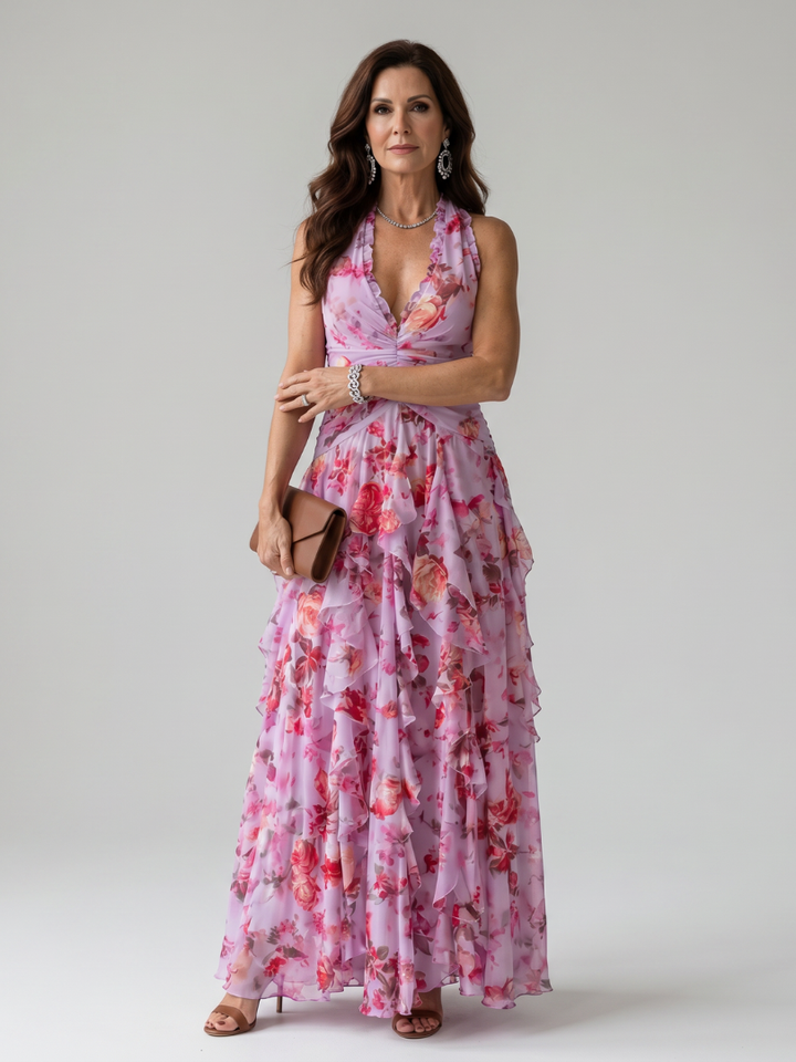 Nori Halter Neck Ruched Bodice Floral Maxi Dress – women&