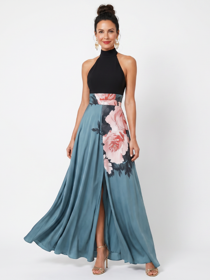 Olympas Halter Bodice Floral Skirt Maxi Dress – women&