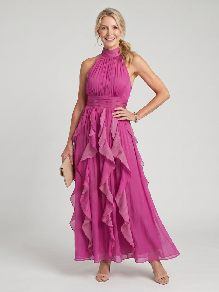 Orea High Neck Gathered Ruffle Layers Maxi Dress – women&