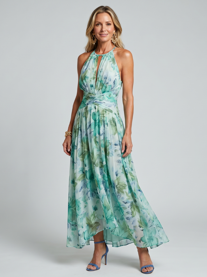 Portia Pleated Halter Soft Floral Pattern Midi Dress – women&