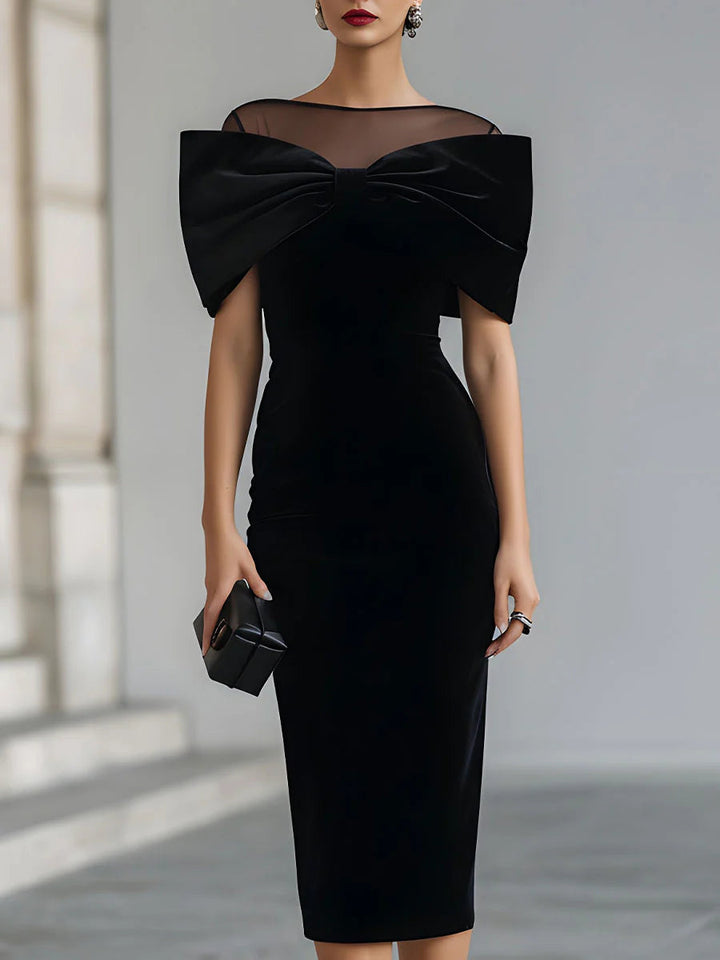 Regina ❘ Black Velvet Midi Dress with Dramatic Bow – women&