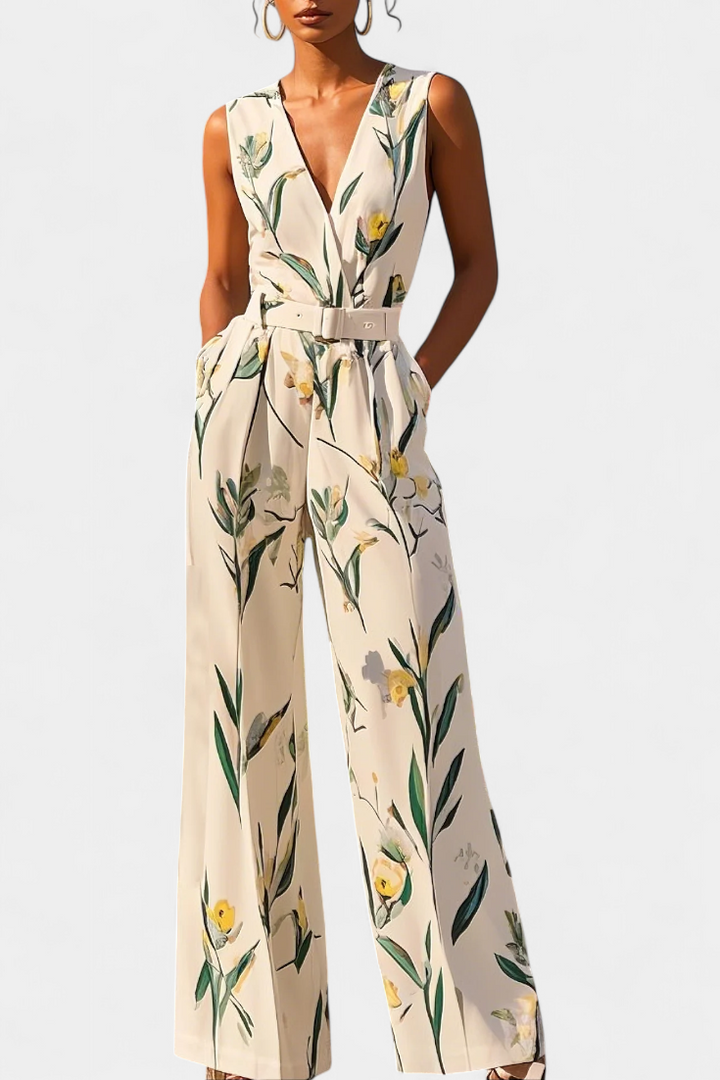 Slara White V Neck Jumpsuit with Belted Waist – women&