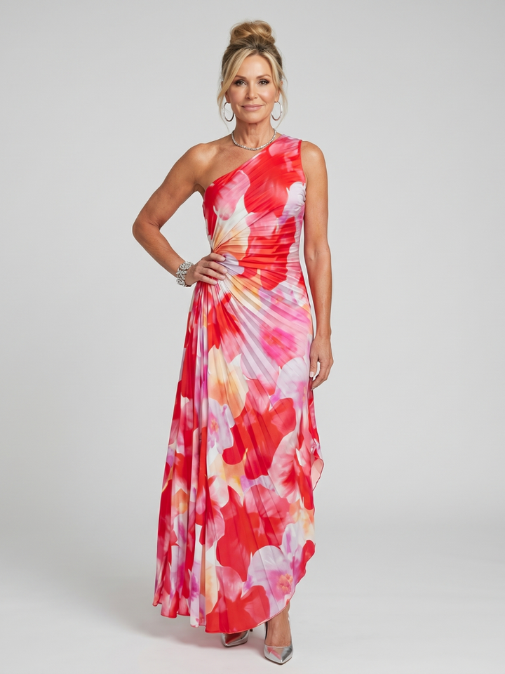 Taya One Shoulder Pleated Bodice Midi Dress – women&