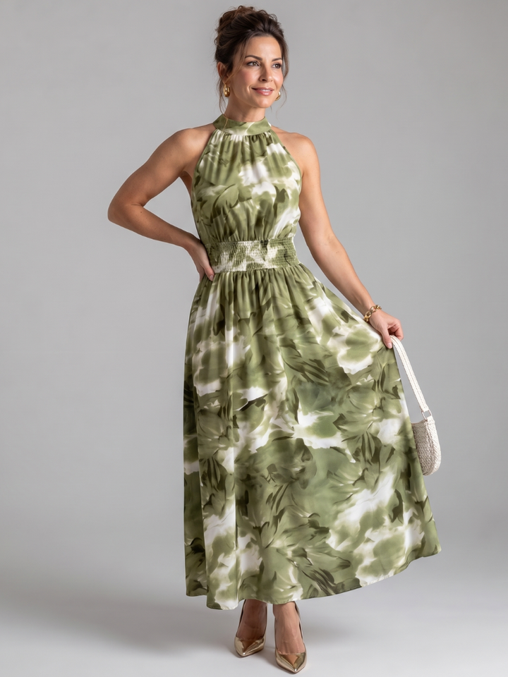 Olivia Gathered Waist Abstract Print Midi Dress – women&