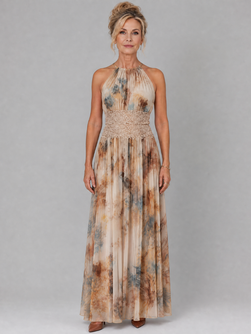 Elavenue Halter Neck Lace Waist Maxi Dress – women's dresses