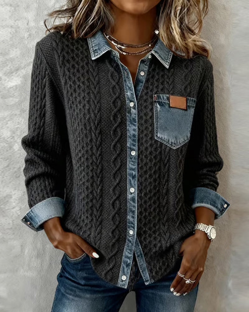 Long Sleeve Shirt with Denim Patchwork – women's shirts