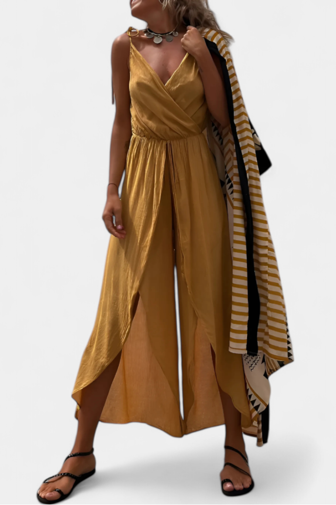 Donatila Washed Cotton Jumpsuit with Crisscross Neckline and Open Legs – women's jumpsuits