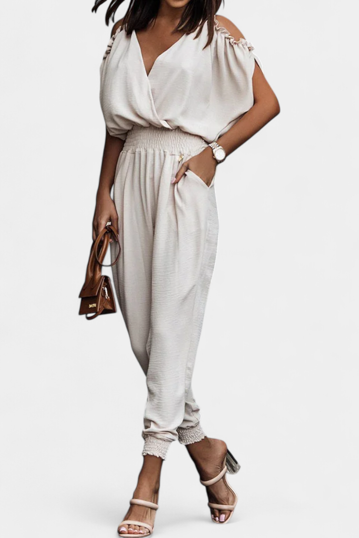 Solene Off Shoulder Jumpsuit with Crossed V Neck and Knotted Detail – women's jumpsuits