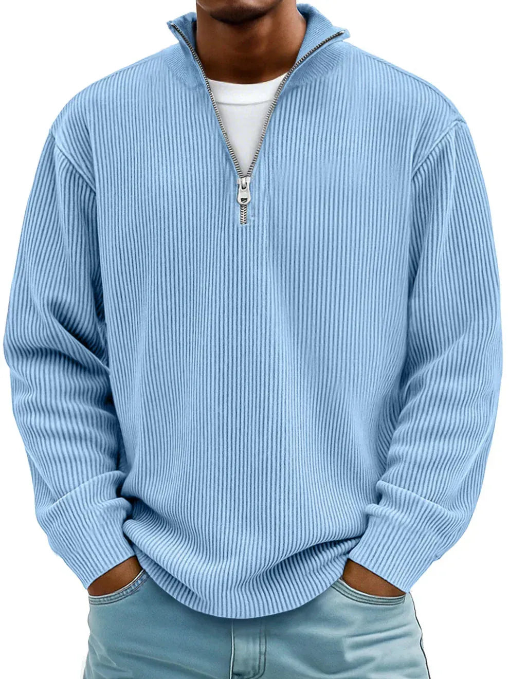Varenna Corduroy Half-Zip in Sky Blue, men's stand collar half-zip pullover