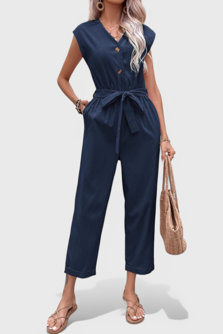 Marie Sleeveless Cotton Jumpsuit with Tied Waist and Button Front – women's jumpsuits