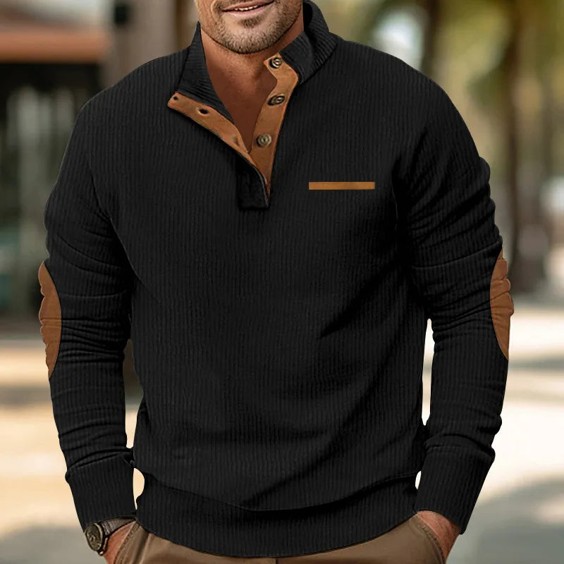 Orvieto men's corduroy stand-collar knit sweater in Black