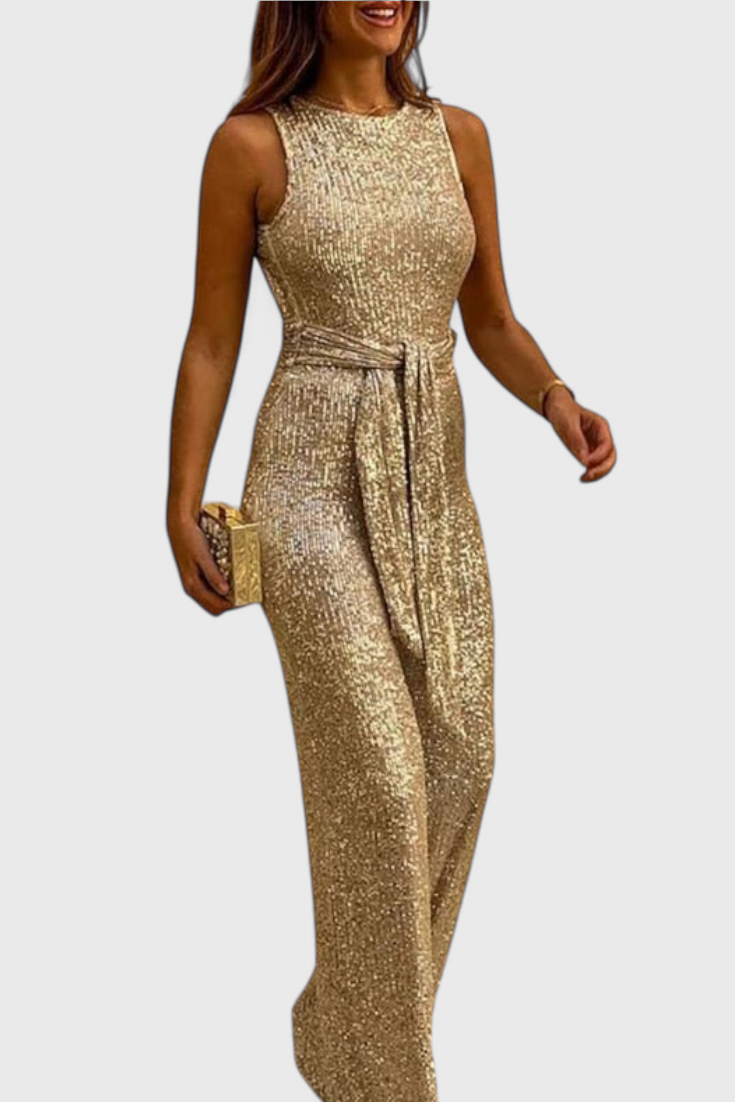 Adele Adjustable Waist Long Sequin Jumpsuit – women's jumpsuits, view 2