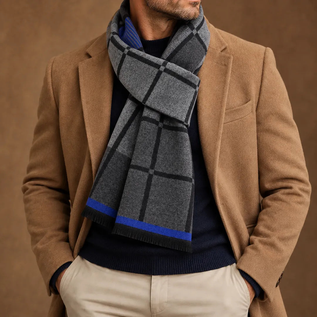 Alessio Checked Fringe Scarf in Charcoal & Blue