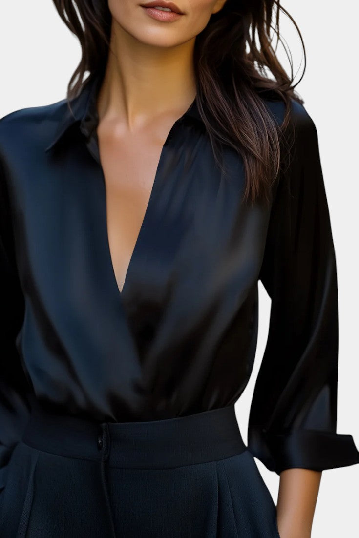 Plunging Neckline Aline Silver Satin Blouse – women's shirts, view 4
