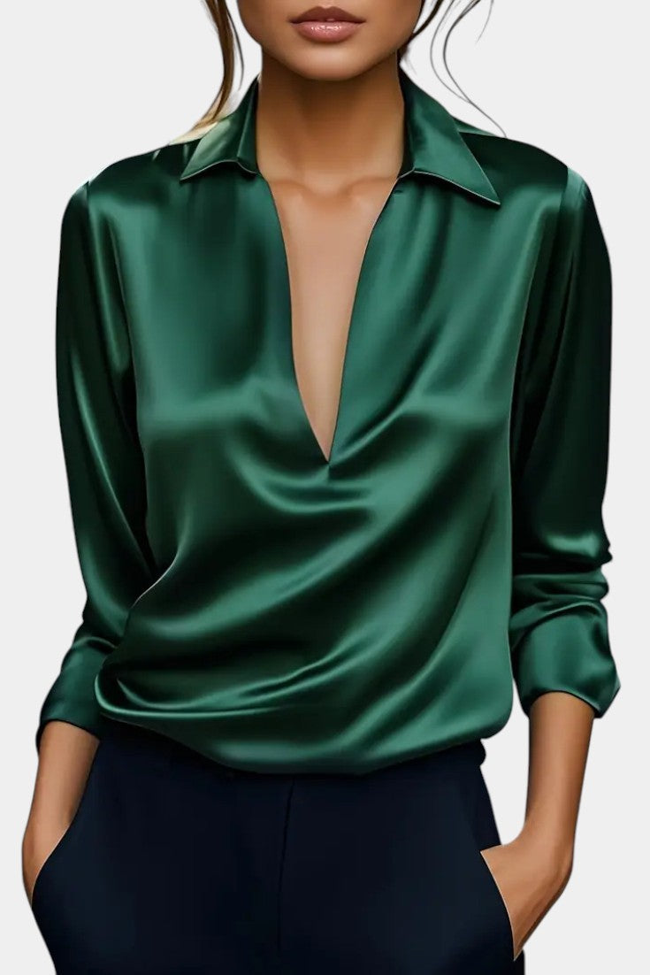 Plunging Neckline Aline Silver Satin Blouse – women's shirts, view 5