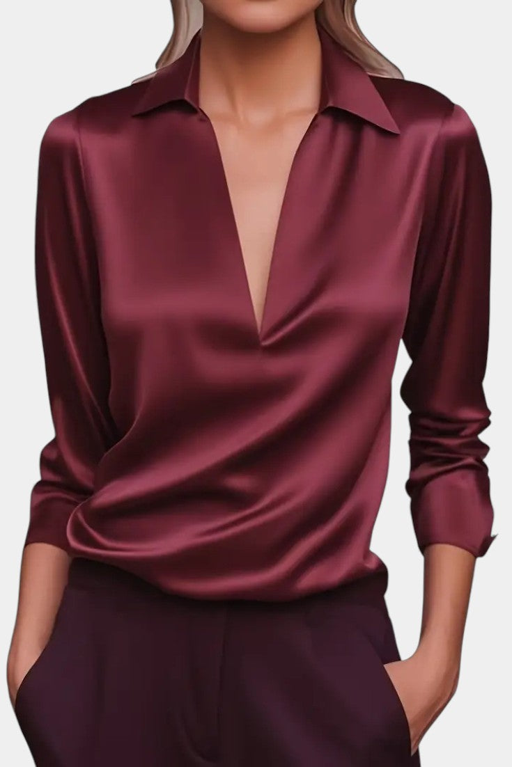 Plunging Neckline Aline Silver Satin Blouse – women's shirts, view 6