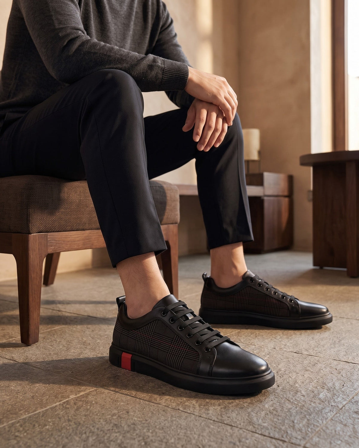 Arnoldi | Men's Plaid-Panel Leather Sneakers