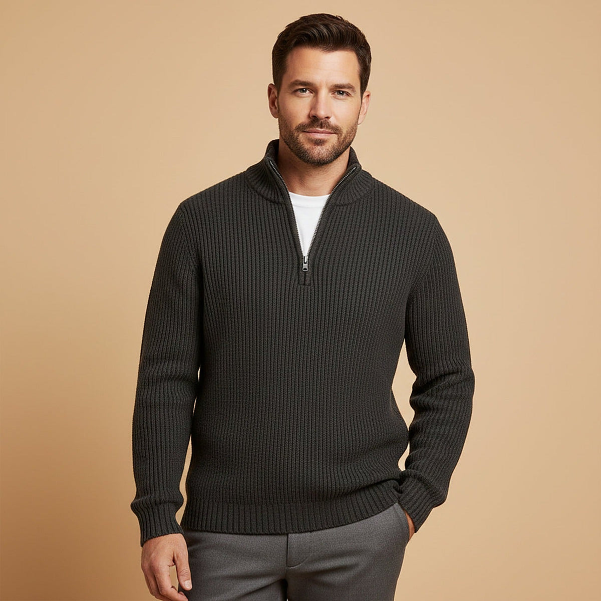 Asiago Ribbed Half-Zip Sweater - Onyx Black