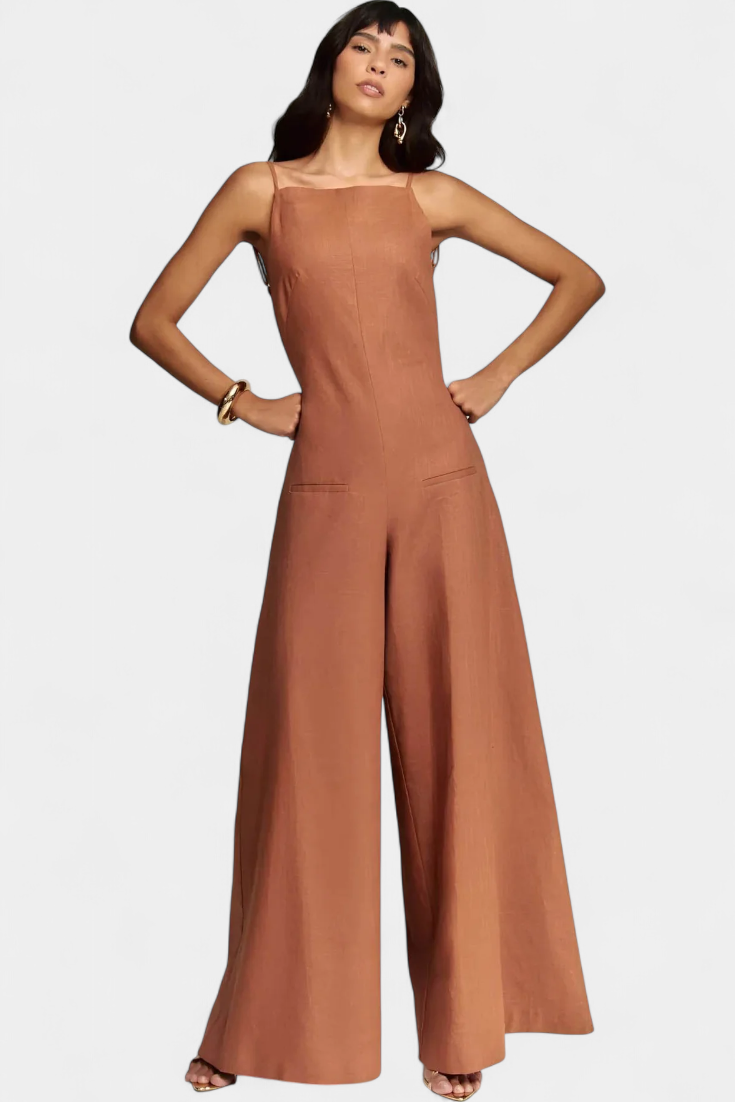Belén Ramie Wide Leg Halter Jumpsuit with Straight Neckline – women's jumpsuits, view 2