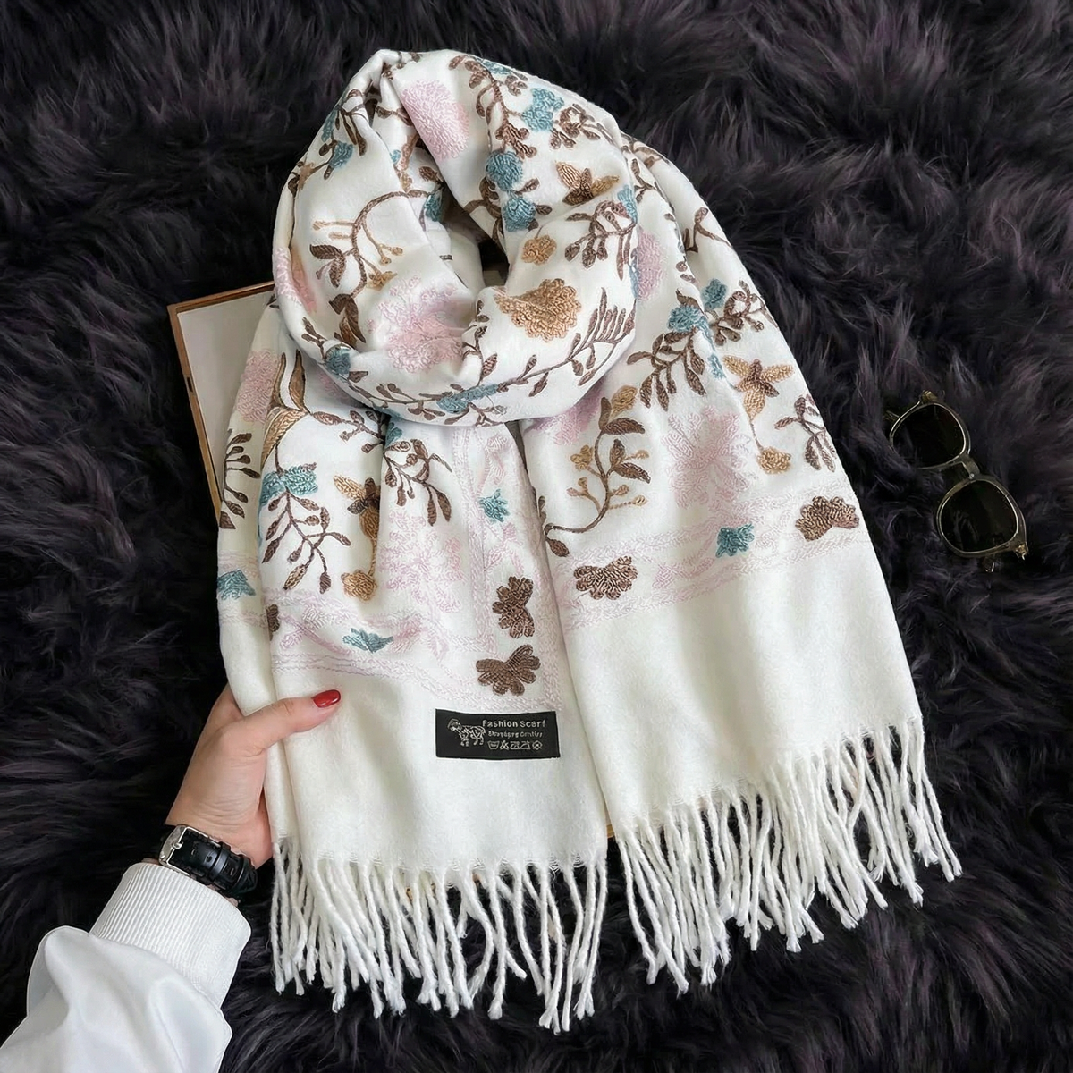 Bianca Embroidered Floral Winter Scarf in Ivory
