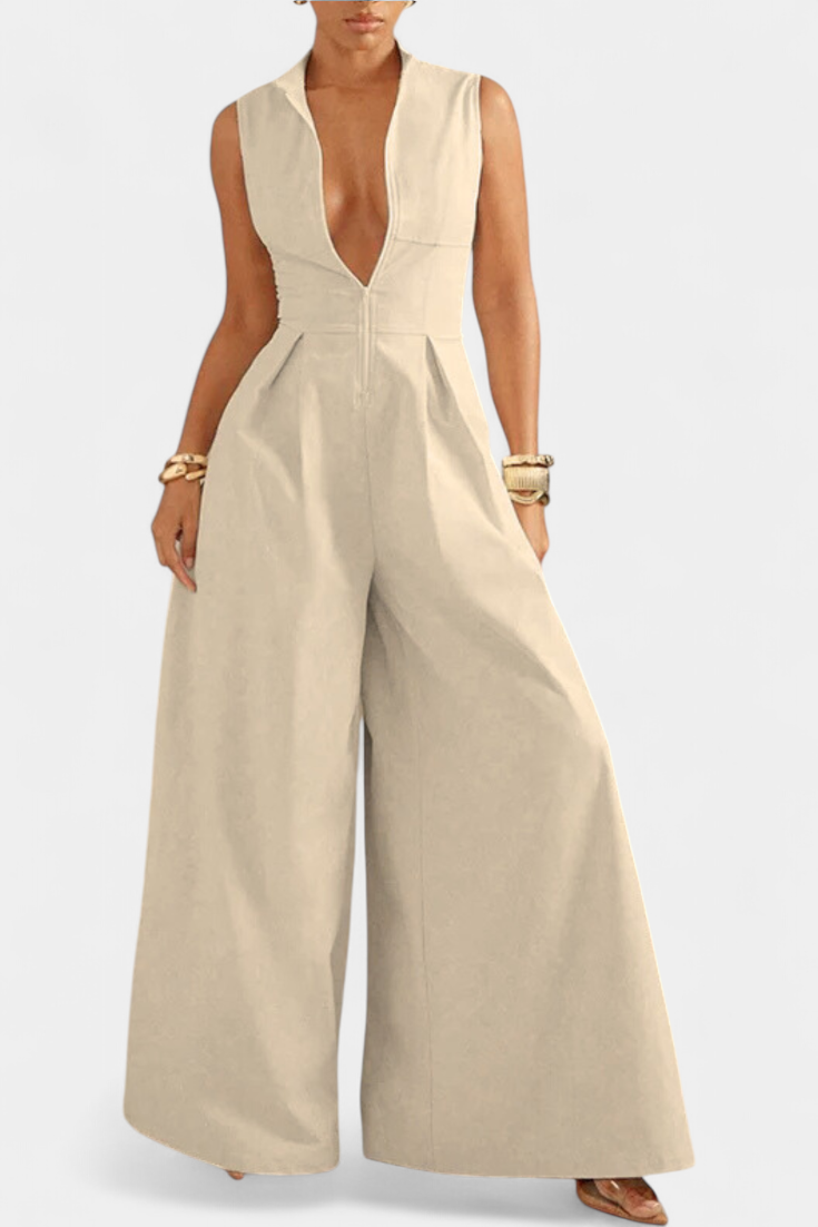 Blanca Pleated Wide Leg Jumpsuit with Round Neck – women's jumpsuits, view 7