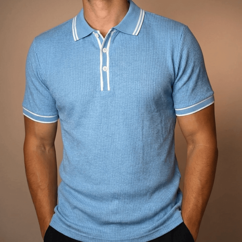 Byron men's ribbed knit polo shirt in Light Blue