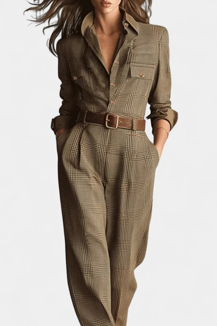 Cali Brown Checkered Tweed Jumpsuit with Adjustable Belt – women's jumpsuits, view 2