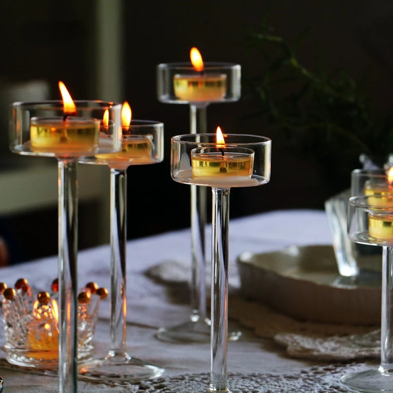 Calice glass tealight holders on a dinner table
