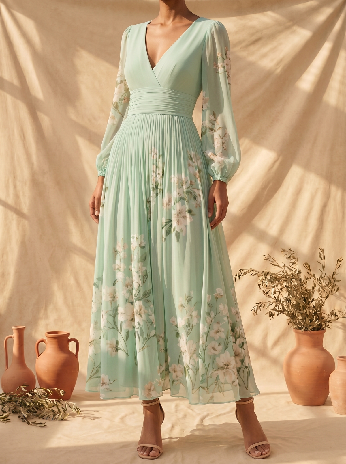 Cisella Light Green Floral Print Midi Dress – women's floral dresses, view 2