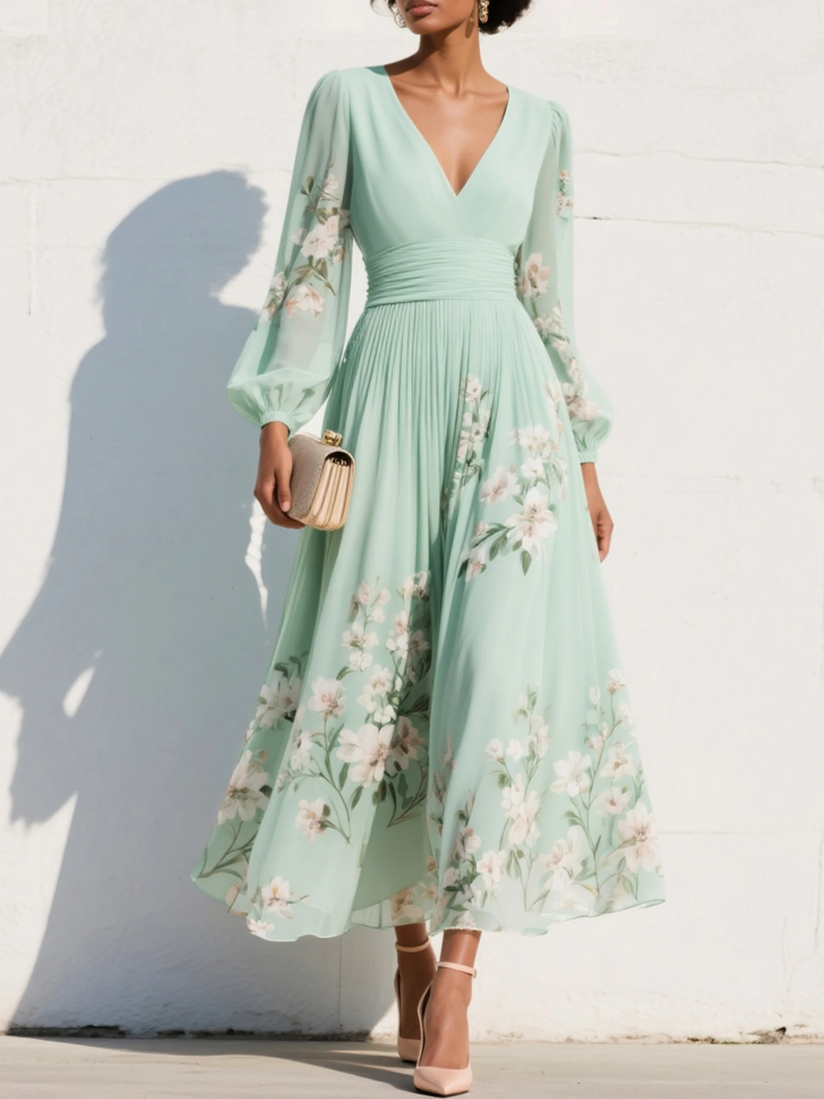 Cisella Light Green Floral Print Midi Dress – women's floral dresses, view 3