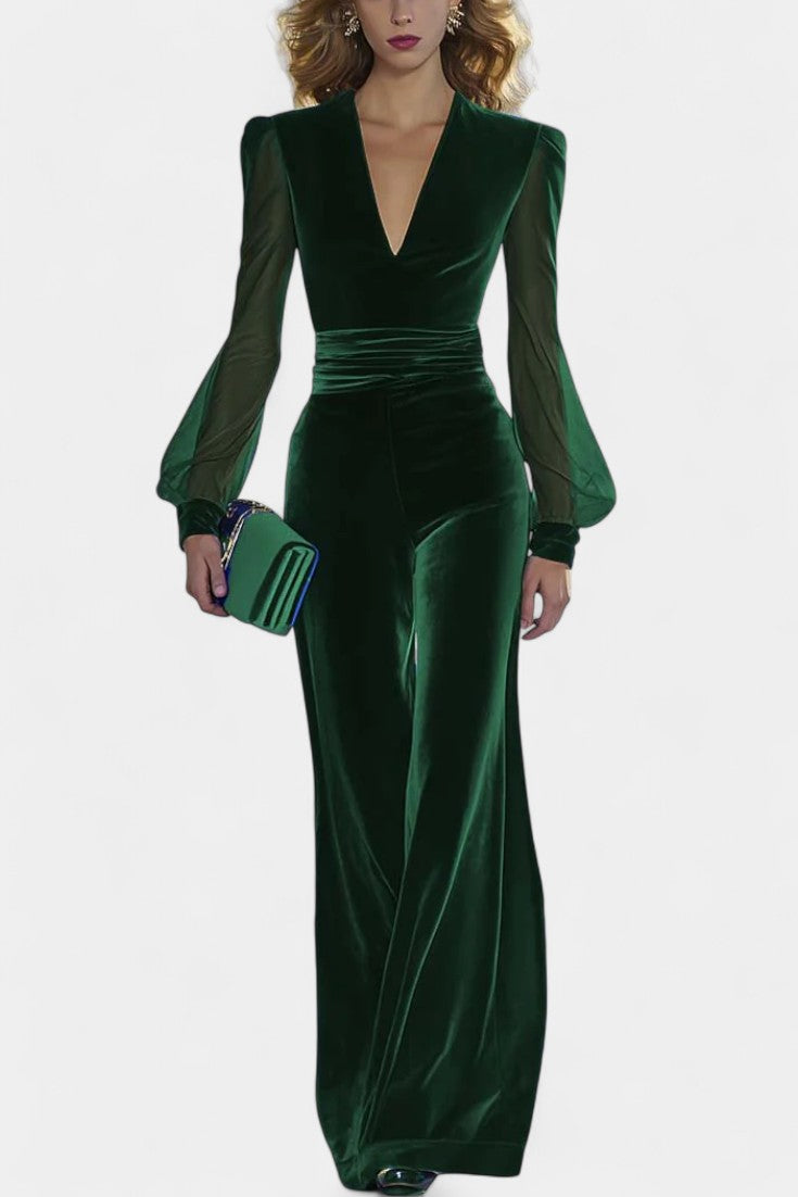 Clarène V Neck Velvet Jumpsuit with Long Sleeves – women's jumpsuits, view 4