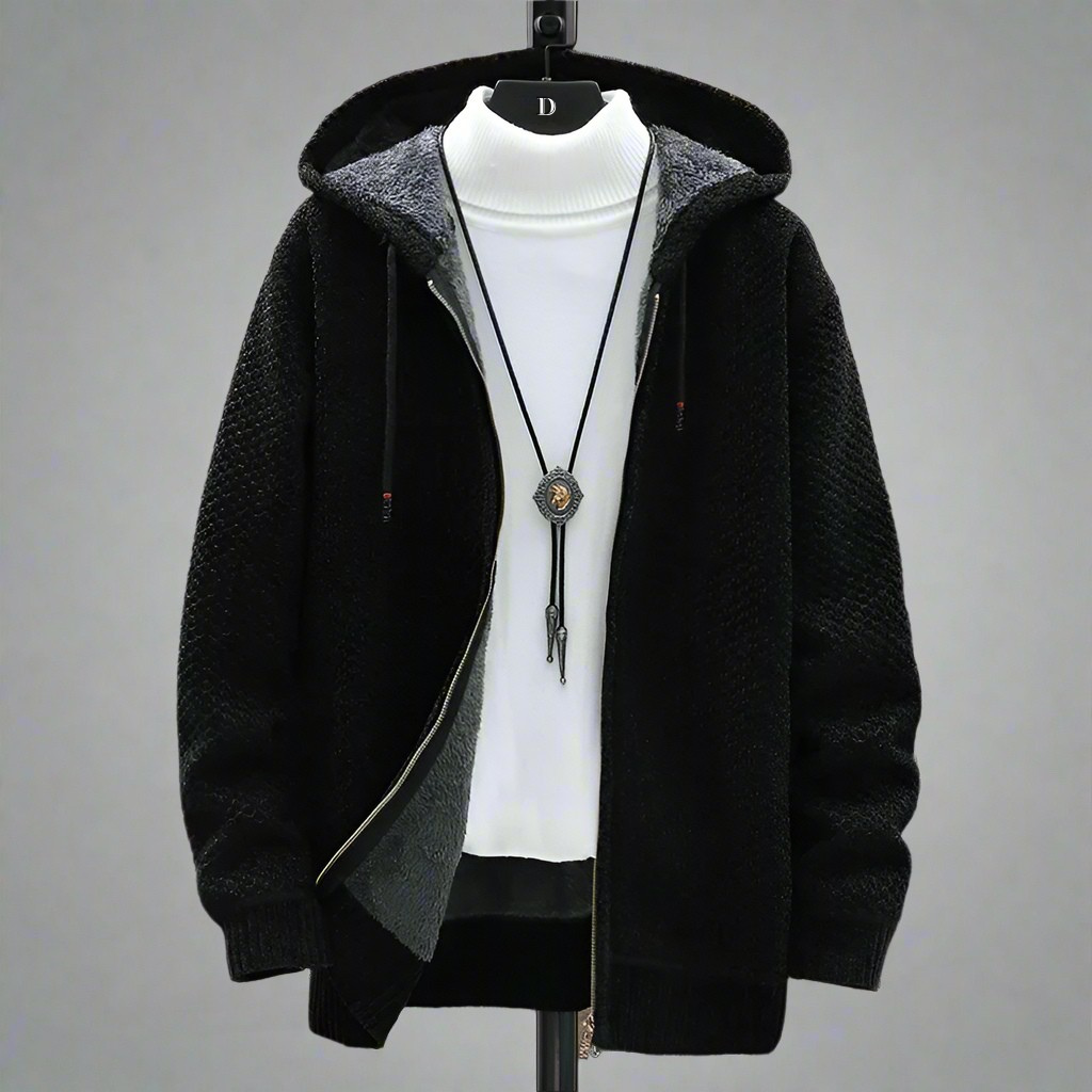 Cortina Fleece-Lined Knit Hoodie in Midnight Black
