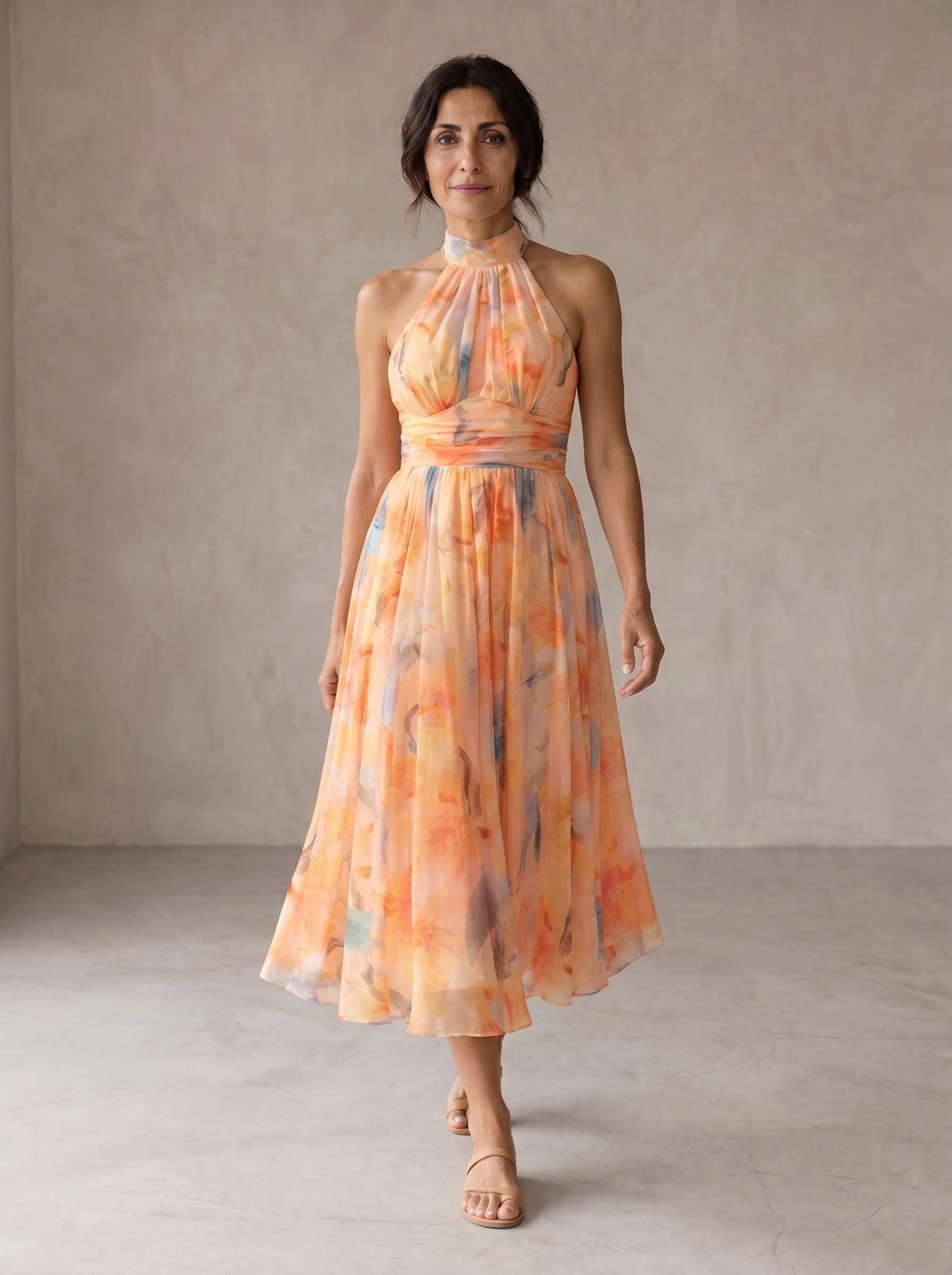 Aurora Watercolor Print Halter Neck Dress
