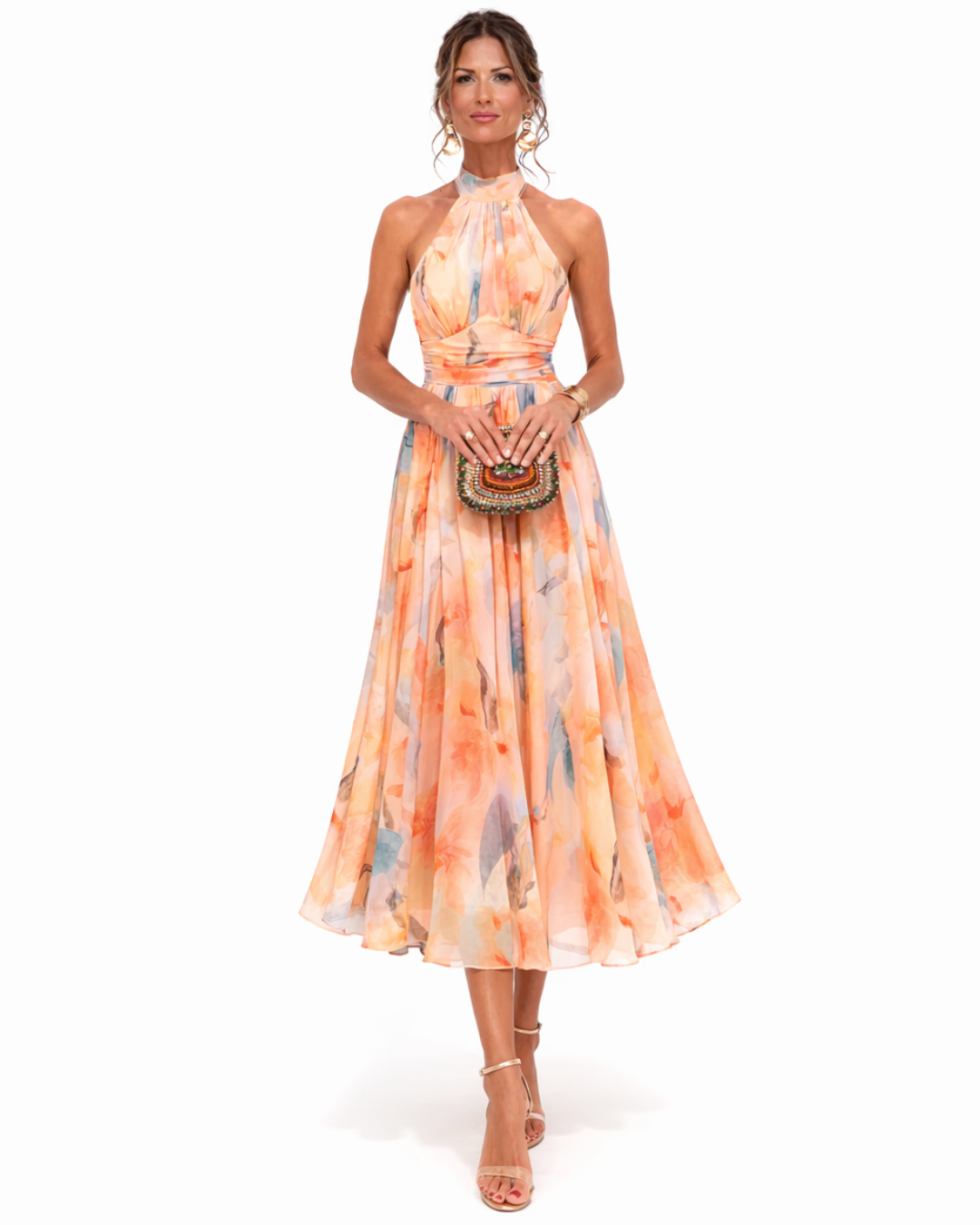 Aurora Watercolor Print Halter Neck Dress, view 3