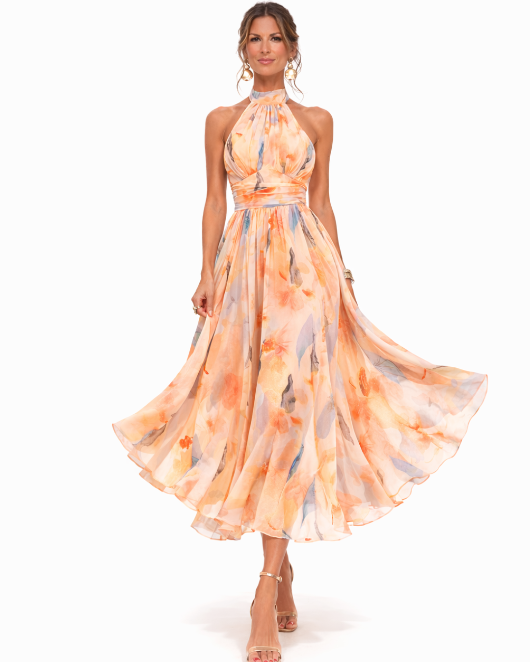 Aurora Watercolor Print Halter Neck Dress, view 4