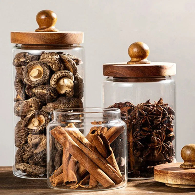 Credenza glass jars with wooden knob lids