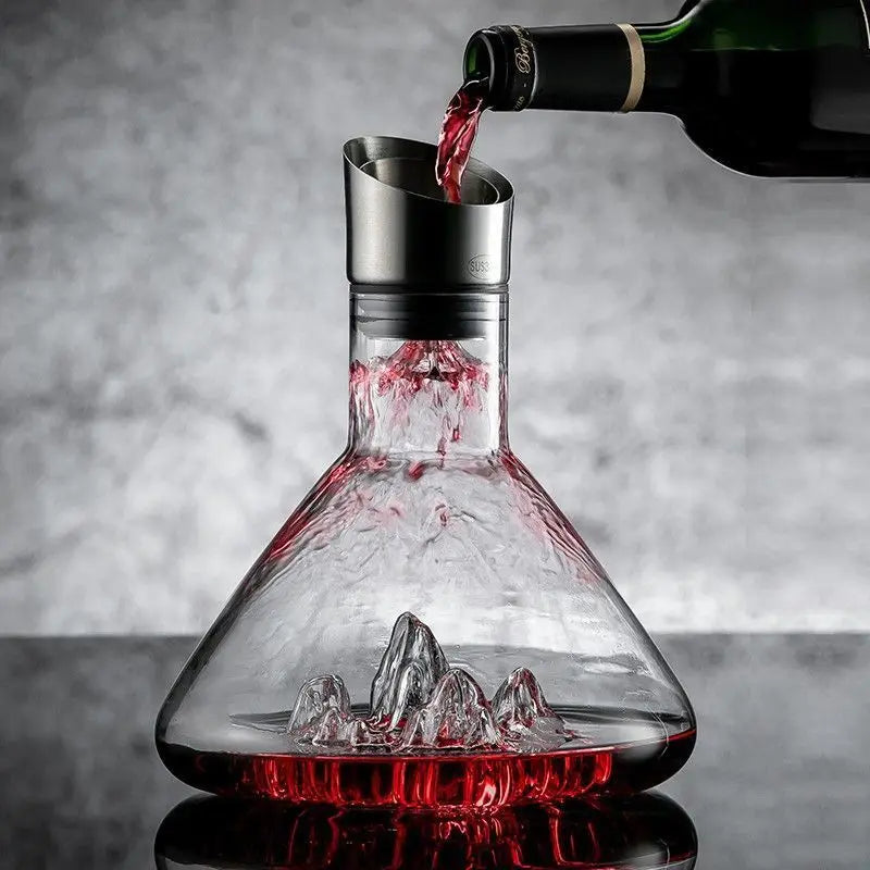 Red wine pouring through the steel aerator into the Dolomiti iceberg decanter, Clear finish