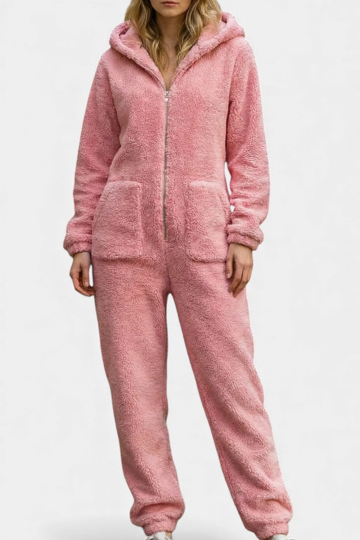 Emergence Zip Up Hooded Plush Jumpsuit – women's jumpsuits, view 4