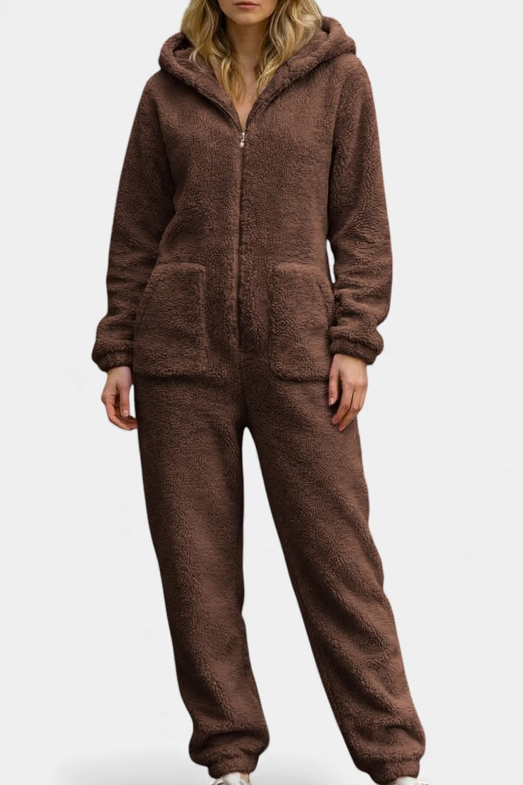 Emergence Zip Up Hooded Plush Jumpsuit – women's jumpsuits, view 5