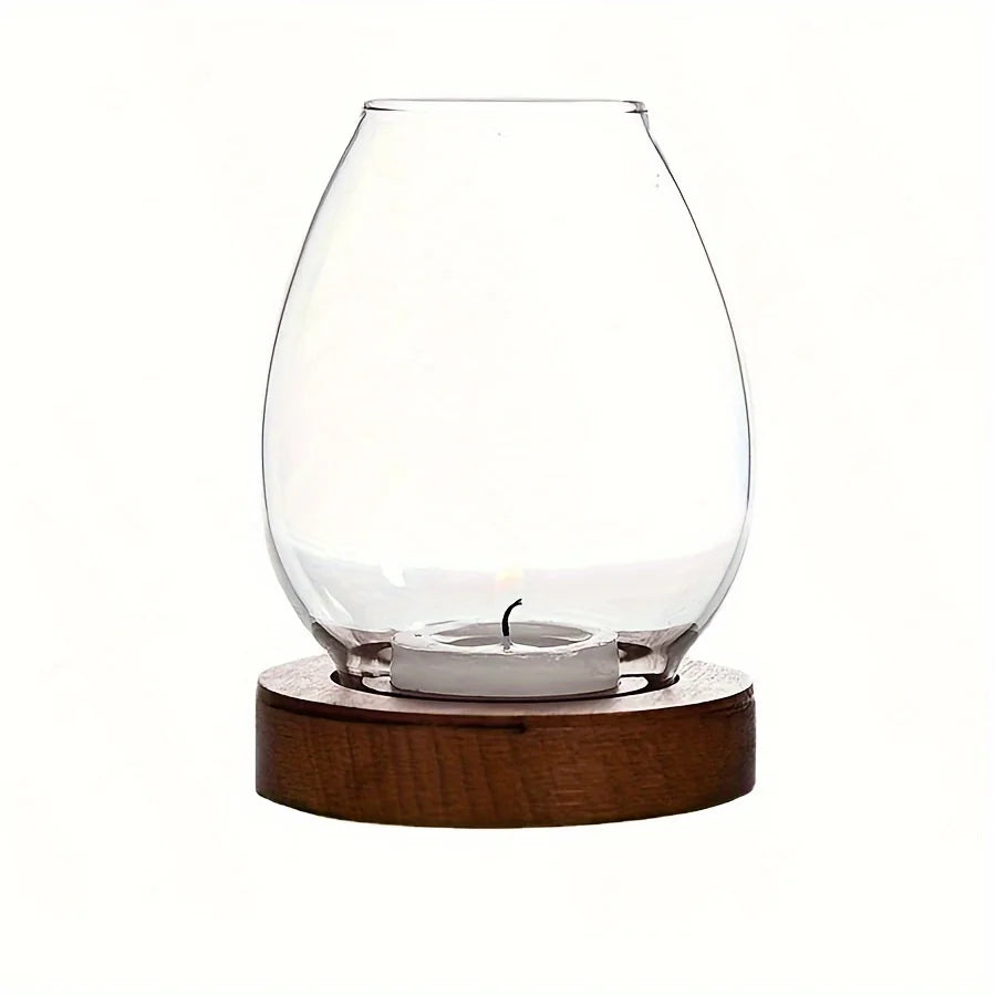 Faro glass hurricane on a wooden base