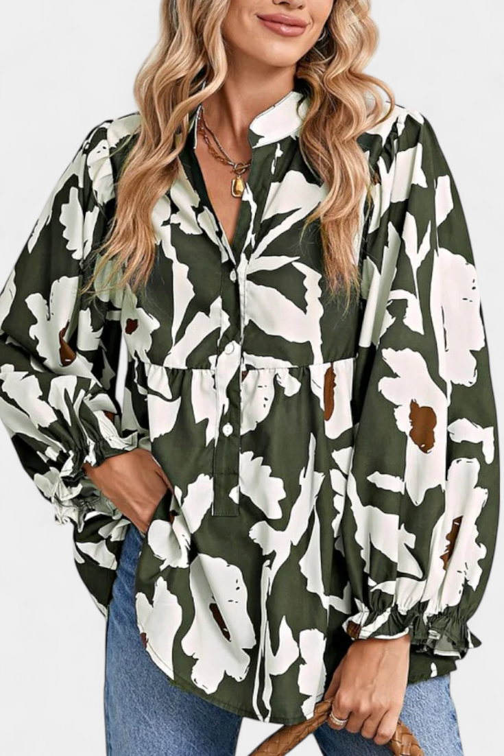 Filomena Relaxed Blouse with Puff Sleeves and Abstract Floral Design – women's shirts