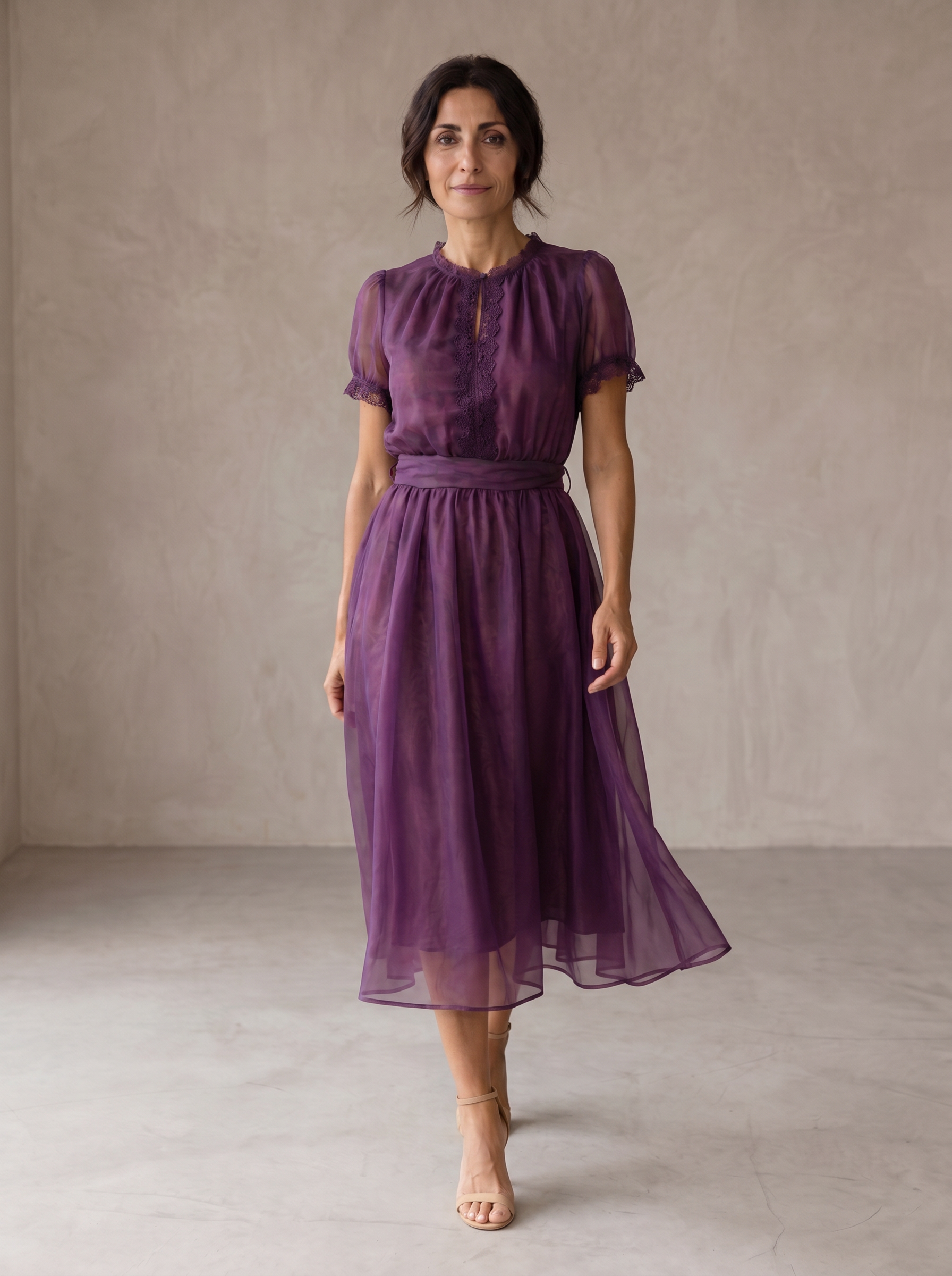Flavia Maxi Dress Featuring a Drop Neckline and Chiffon Lace Accents