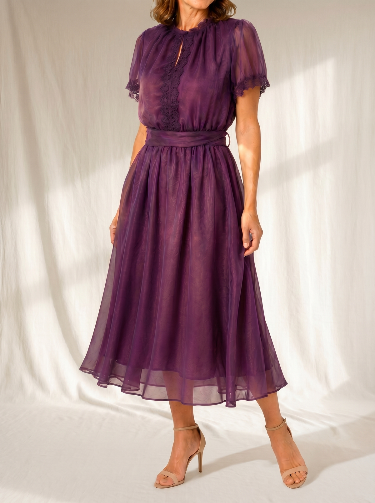 Flavia Maxi Dress Featuring a Drop Neckline and Chiffon Lace Accents, view 2